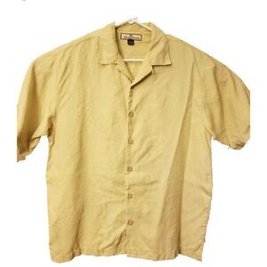 Tommy Bahama Mens MEDIUM Yellow Hawaiian Wooden Buttons Short Sleeve Shirt